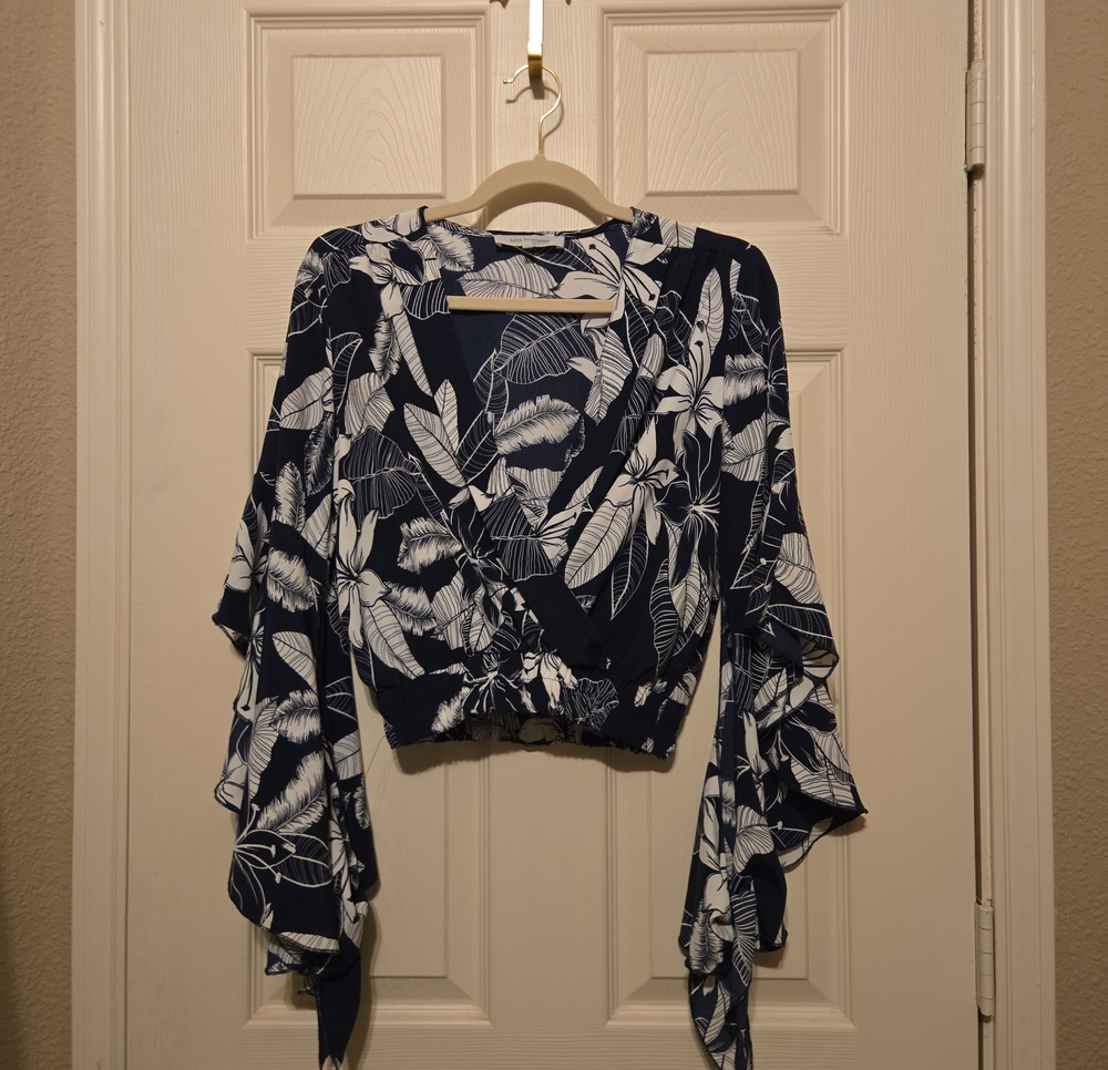 Navy Floral Wrap Crop Top - Women's